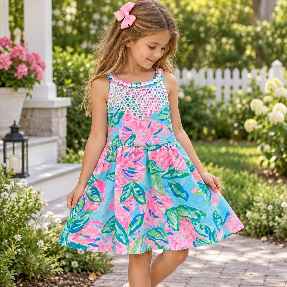 Lilly Pulitzer Girls Size 7 Floral Shift Halter Dress Pink Blue Eyelet Lace Zip